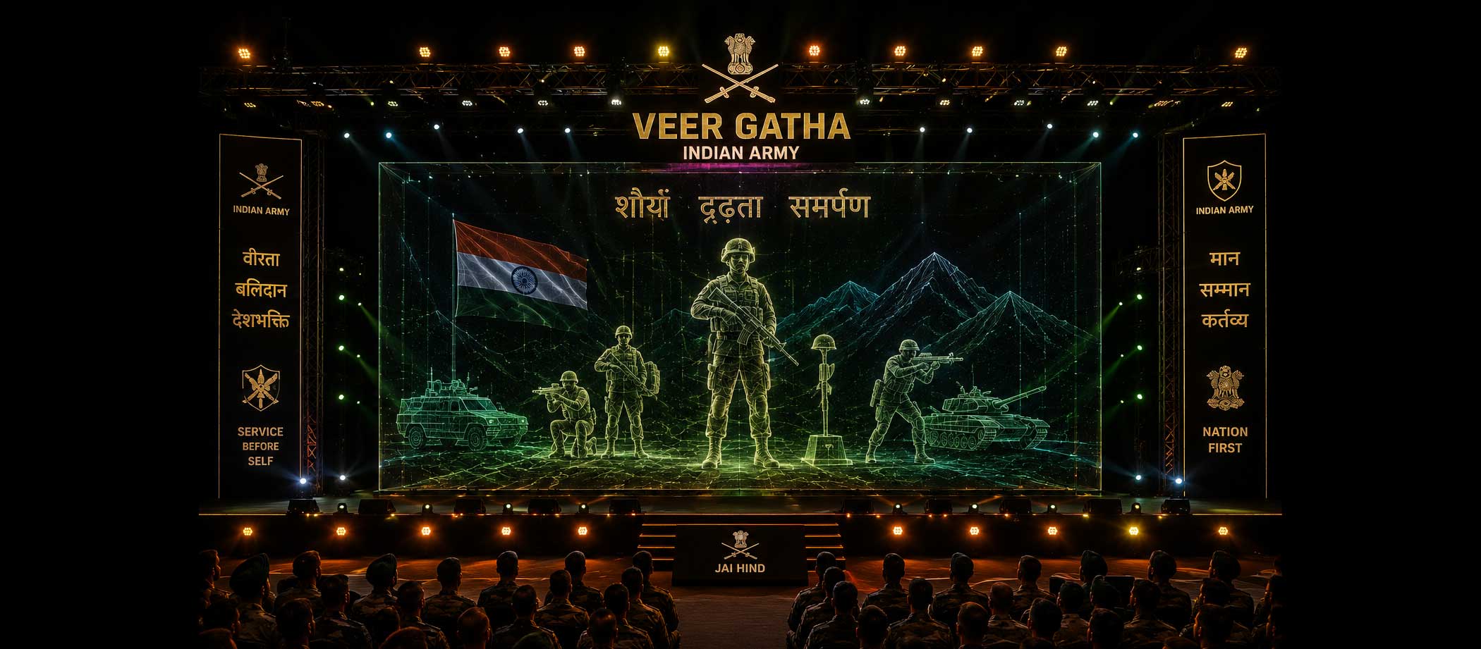 Veer Gatha Indian Army event featuring holographic projection display using Holo Mesh Screen on stage