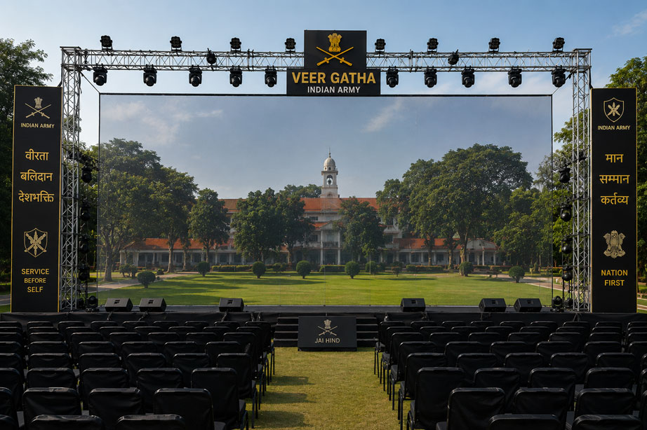 Indian Army Veer Gatha event stage setup with holographic mesh screen installation