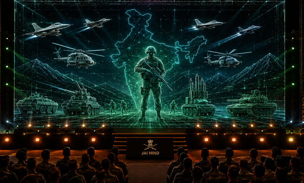 Close-up of holographic projection effect during Indian Army Veer Gatha ceremony