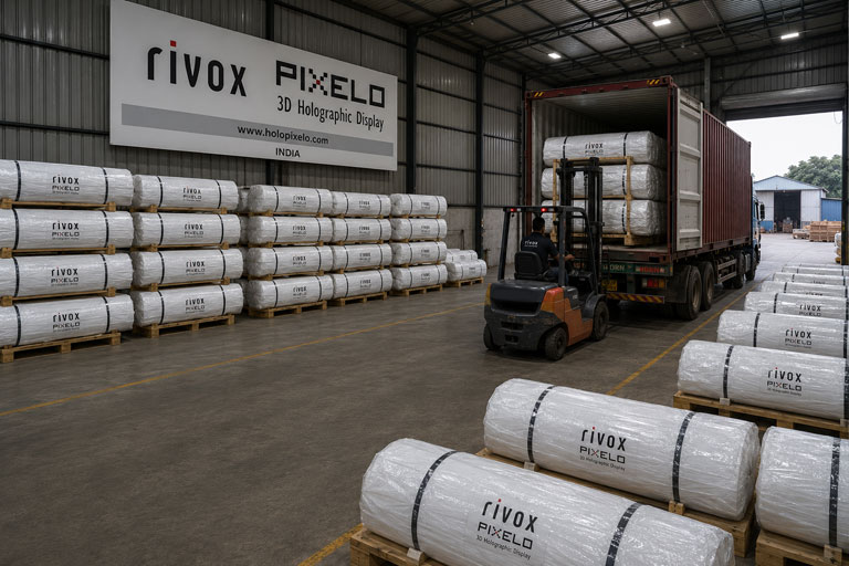 RIVOX PIXELO warehouse showing rolls of Holo Mesh Screen material ready for international shipping